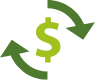 Icon showing green arrows rotating around a currency symbol